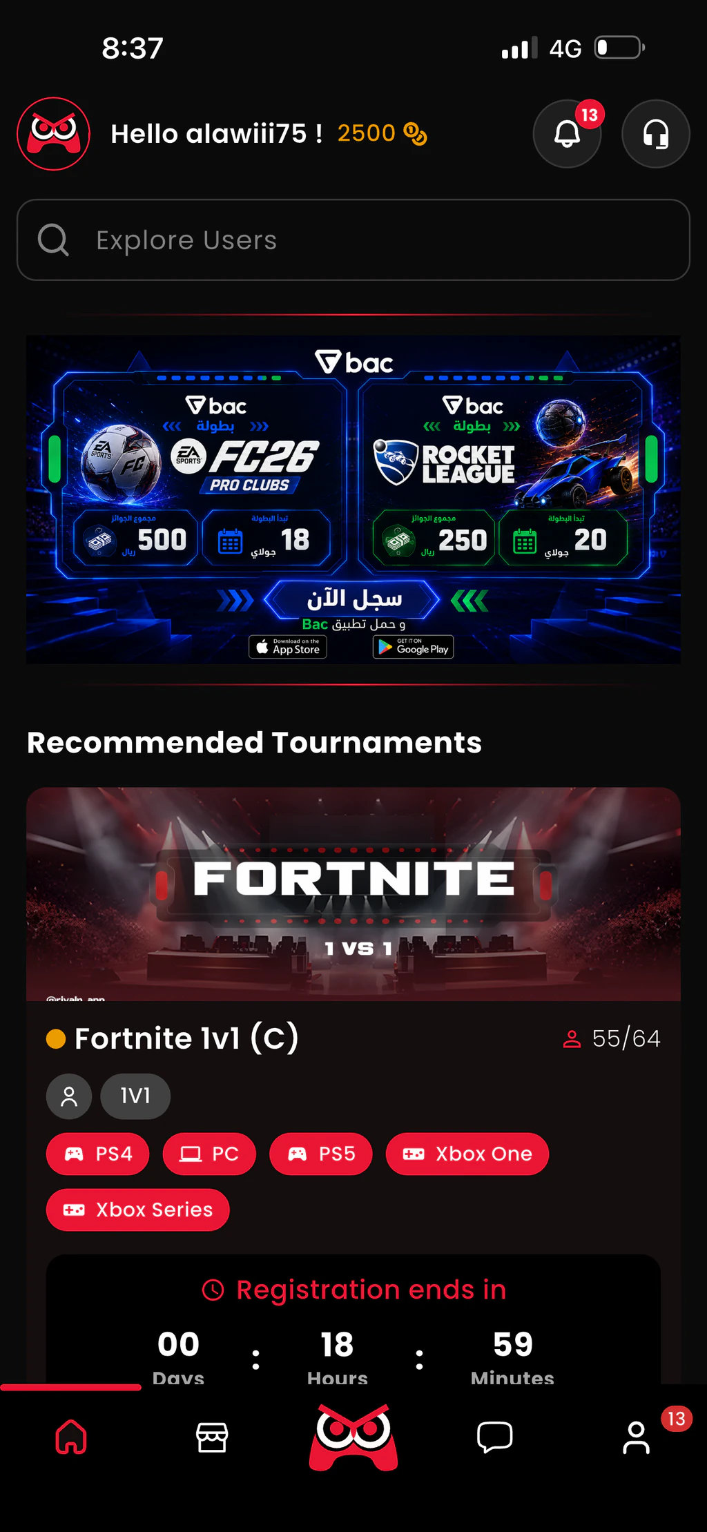 RivalN app home screen showing recommended tournaments