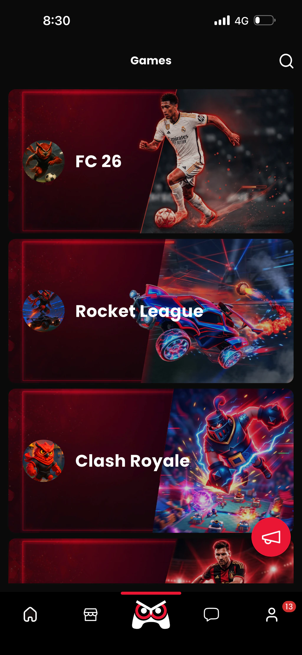 RivalN app game selection screen
