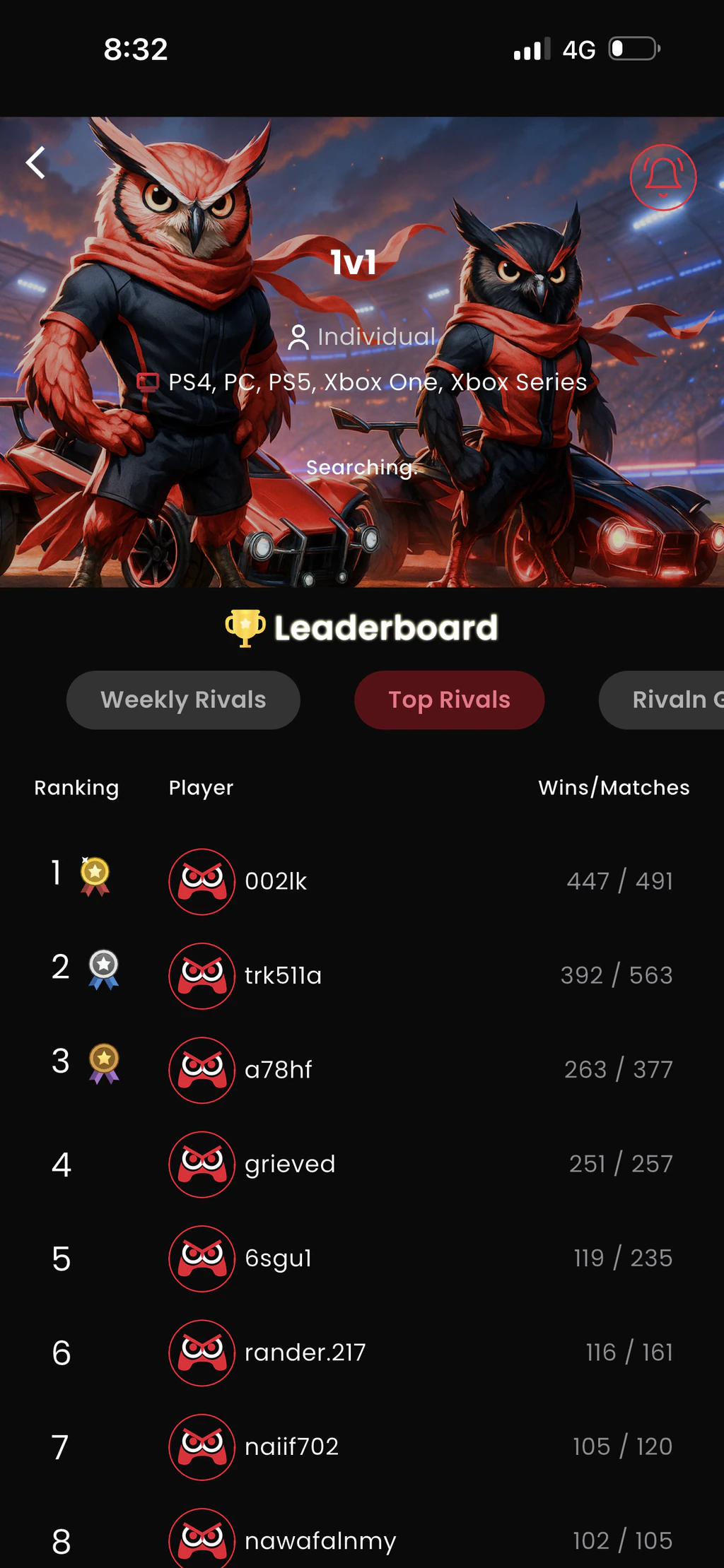 RivalN Quick Play leaderboard screen