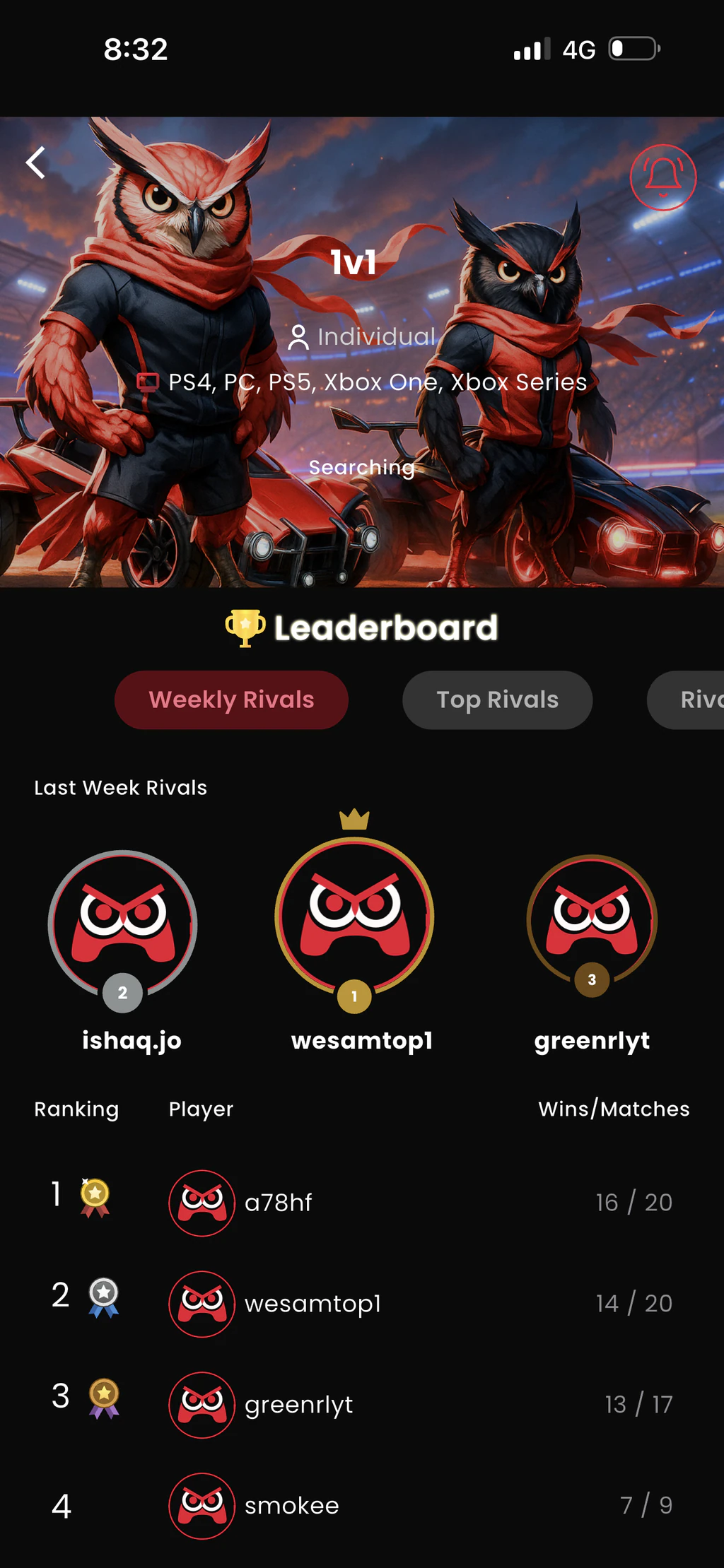 RivalN Quick Play weekly results screen